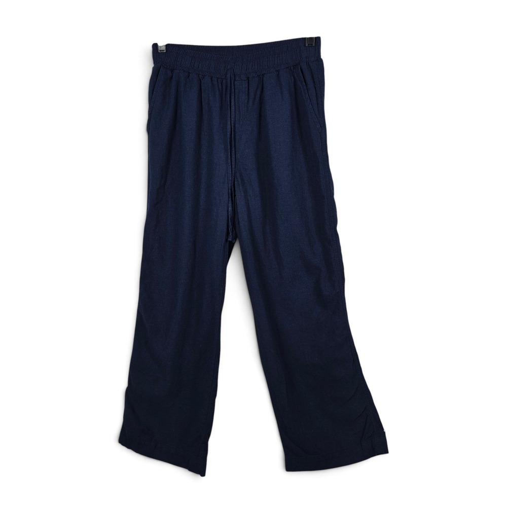 Briggs Pants Womens M Navy Blue Linen Blend Elastic Drawstring Relaxed Straight